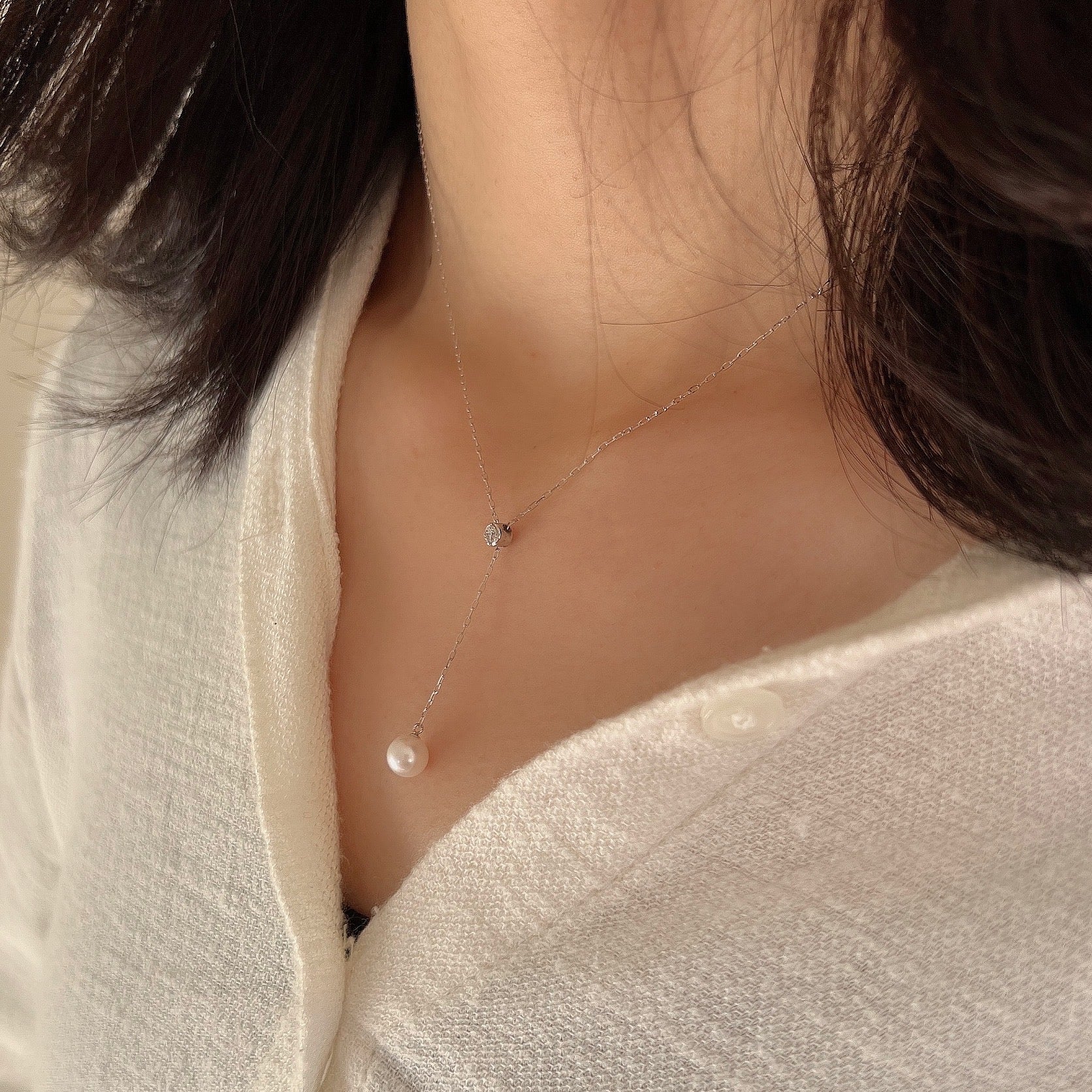 K18WG Yネックレスダイヤ×アコヤパール