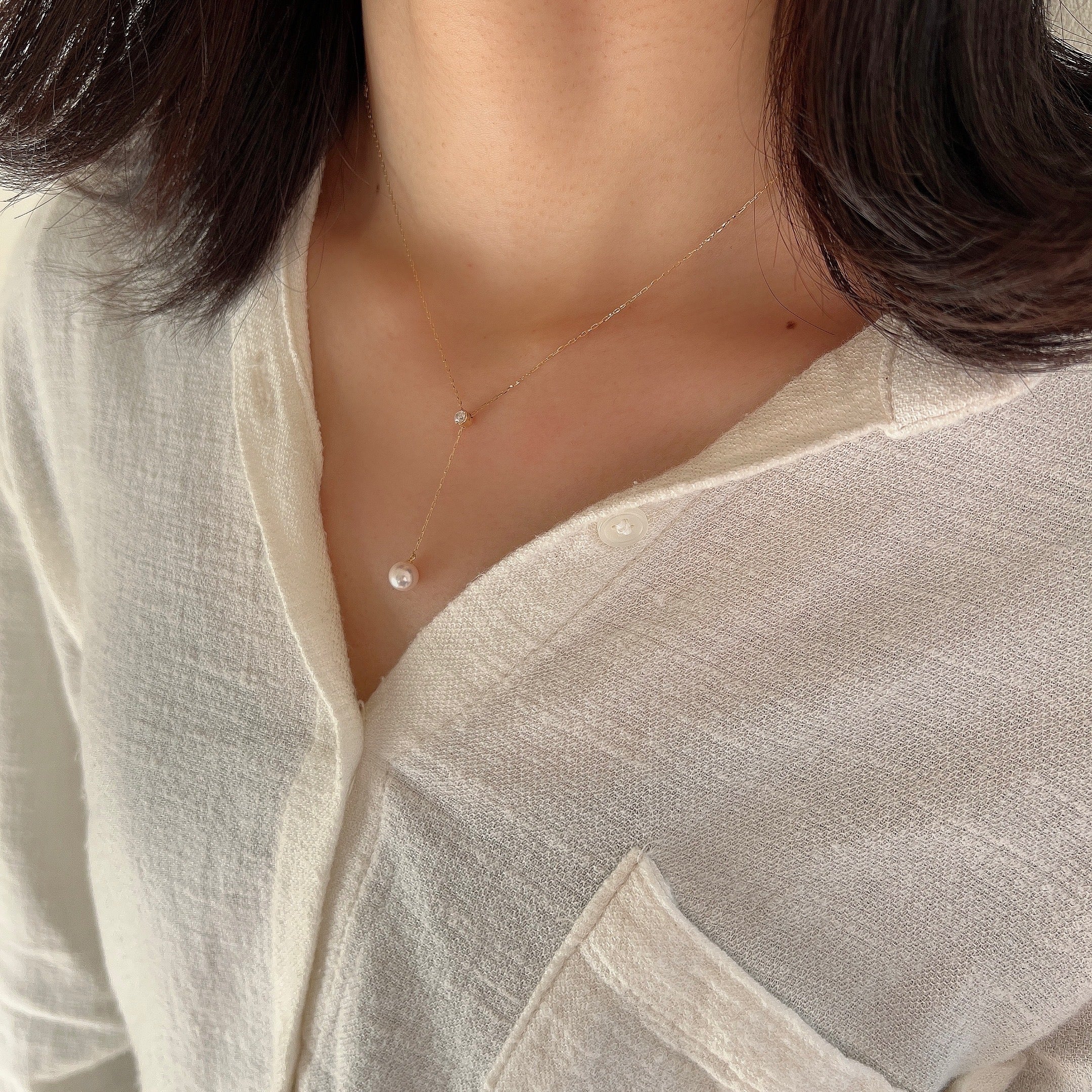 K18 Yネックレスダイヤ×アコヤパール