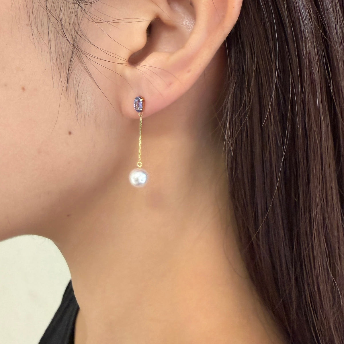 【お買い得ジュエリー】K18タンザナイト×アコヤパールチェーンピアス