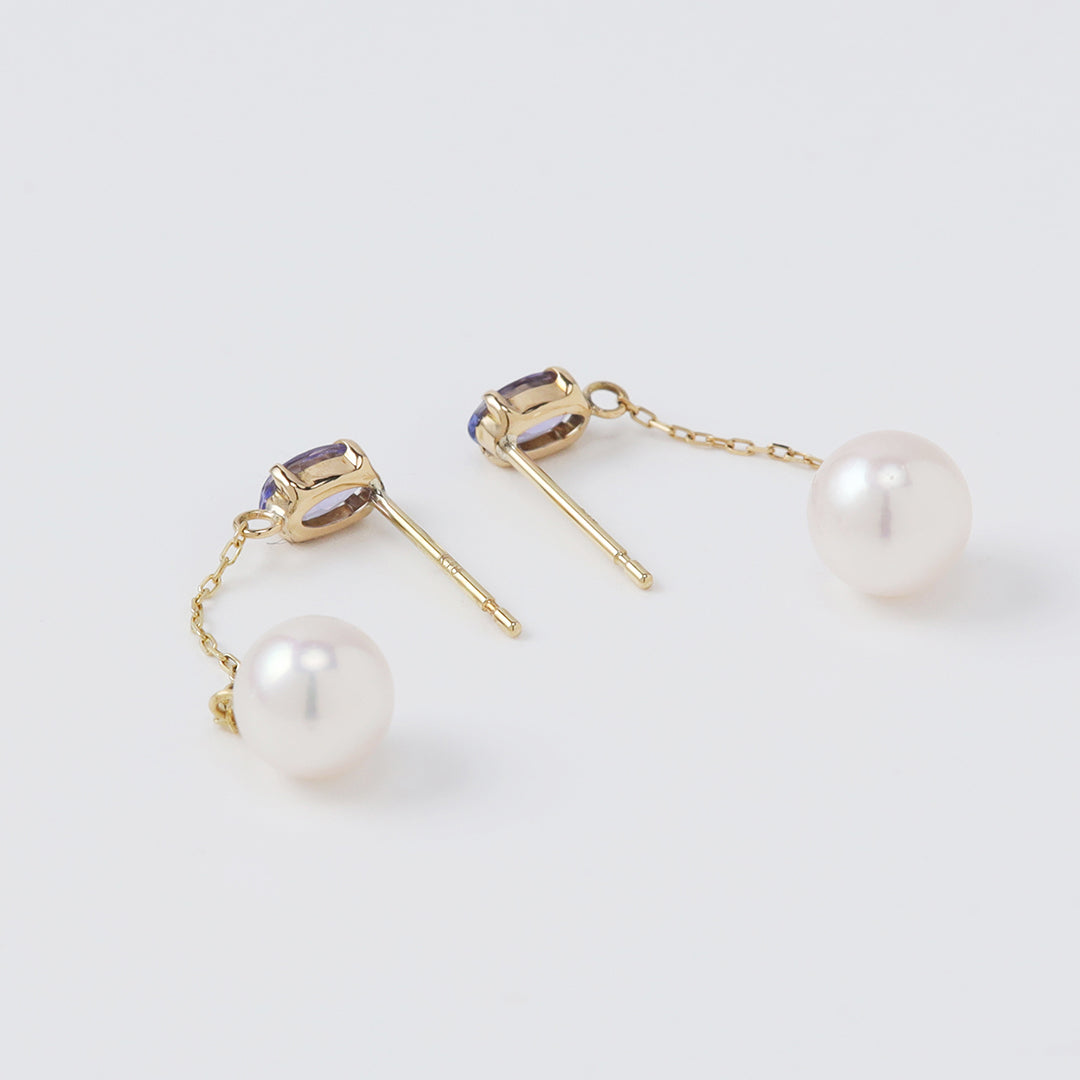 【お買い得ジュエリー】K18タンザナイト×アコヤパールチェーンピアス