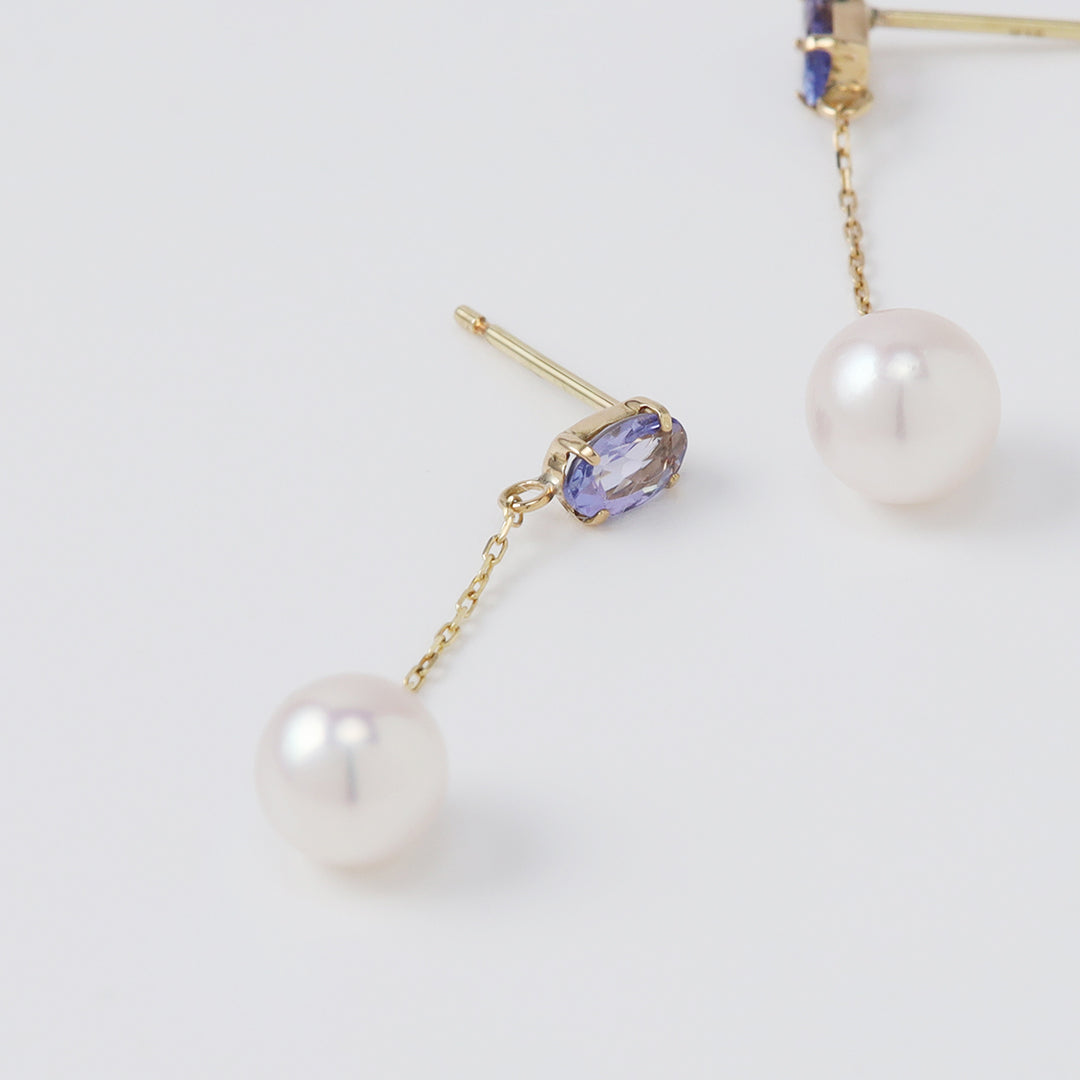 【お買い得ジュエリー】K18タンザナイト×アコヤパールチェーンピアス